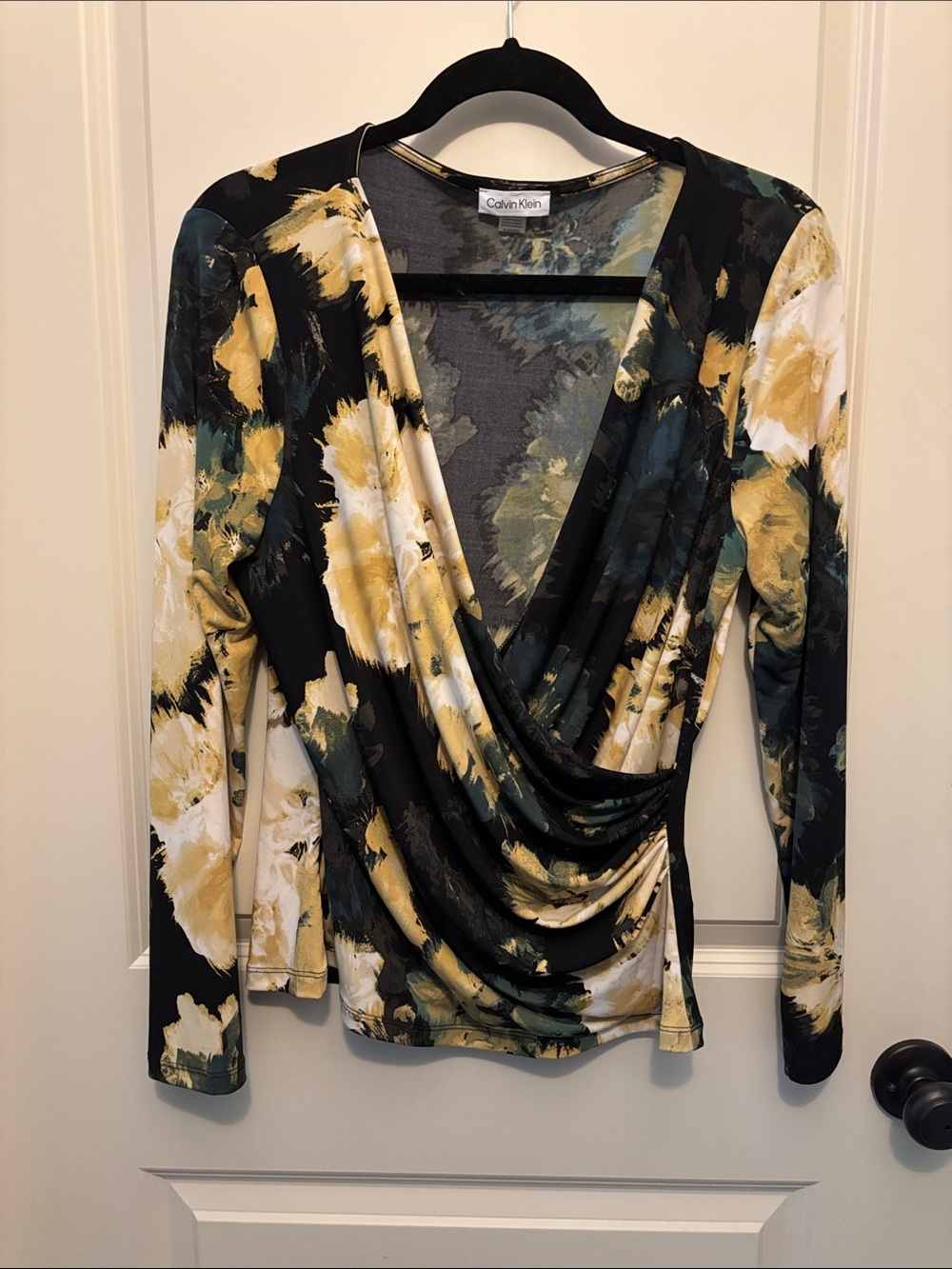 Calvin Klein Black, Yellow & Cream Floral Wrap Blouse
